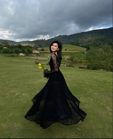 Black Lace Sexy A Line Long Sleeve Evening Dress Prom Dresses Formal Gown HZ1023